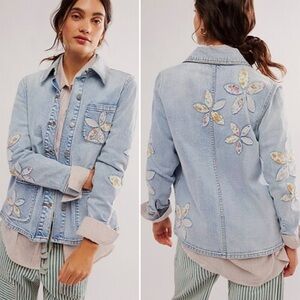 Free People x DRIFTWOOD Embroidered Denim Jacket Shabby Chic Floral Size Small
